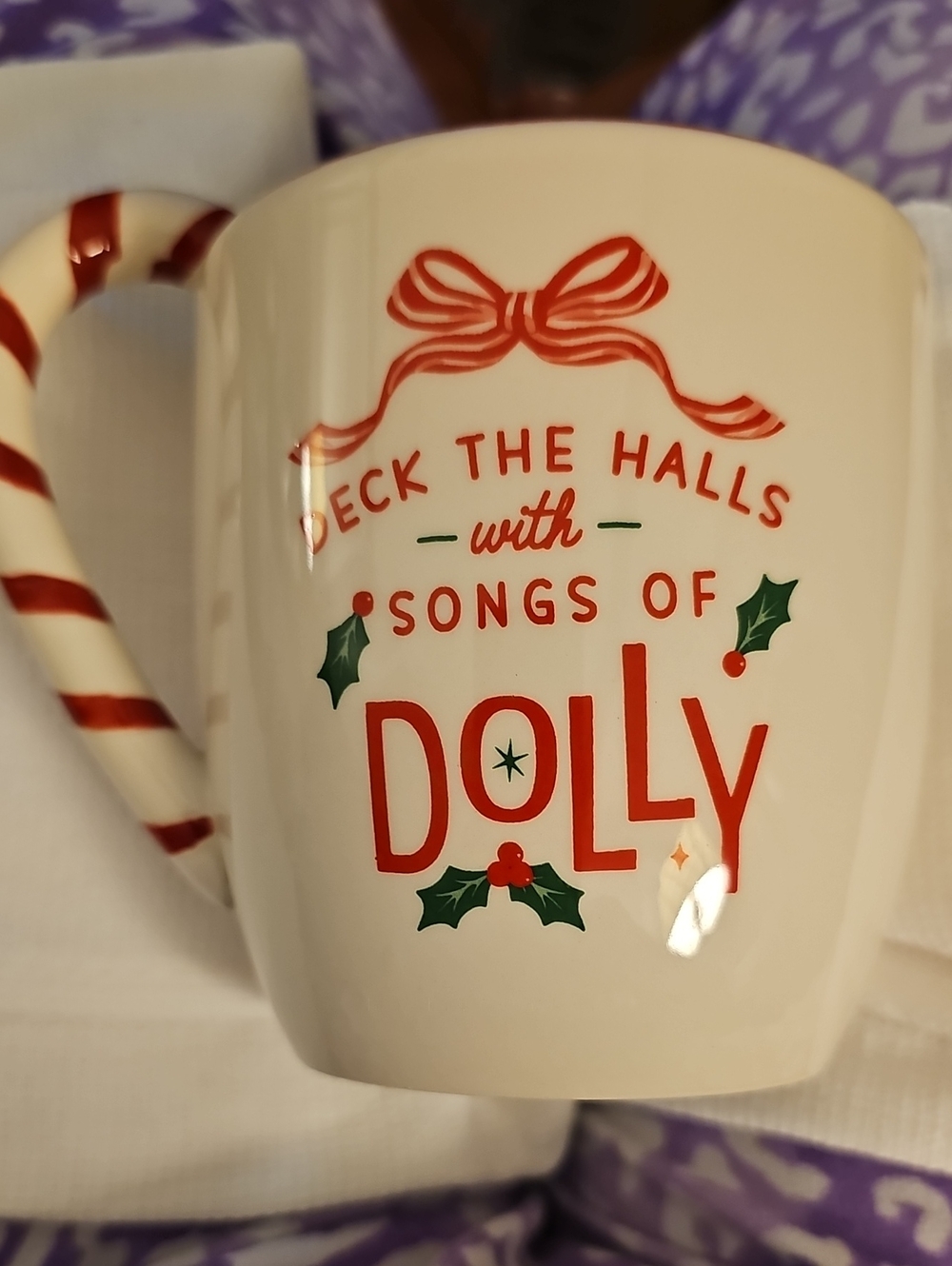 Dolly "Deck The Halls" White Mug with Red Holiday Lettering and Green Holly